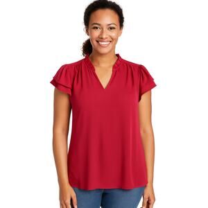 41 Hawthorn Red Flutter Sleeve Blouse Size Small Split Neck Ruffle Collar NWT
